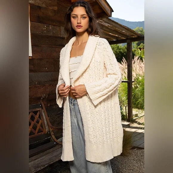 #288 New! Pol Long Soft Cozy Cardigan Sweater Coat with Crochet Patch - Picture 3 of 4